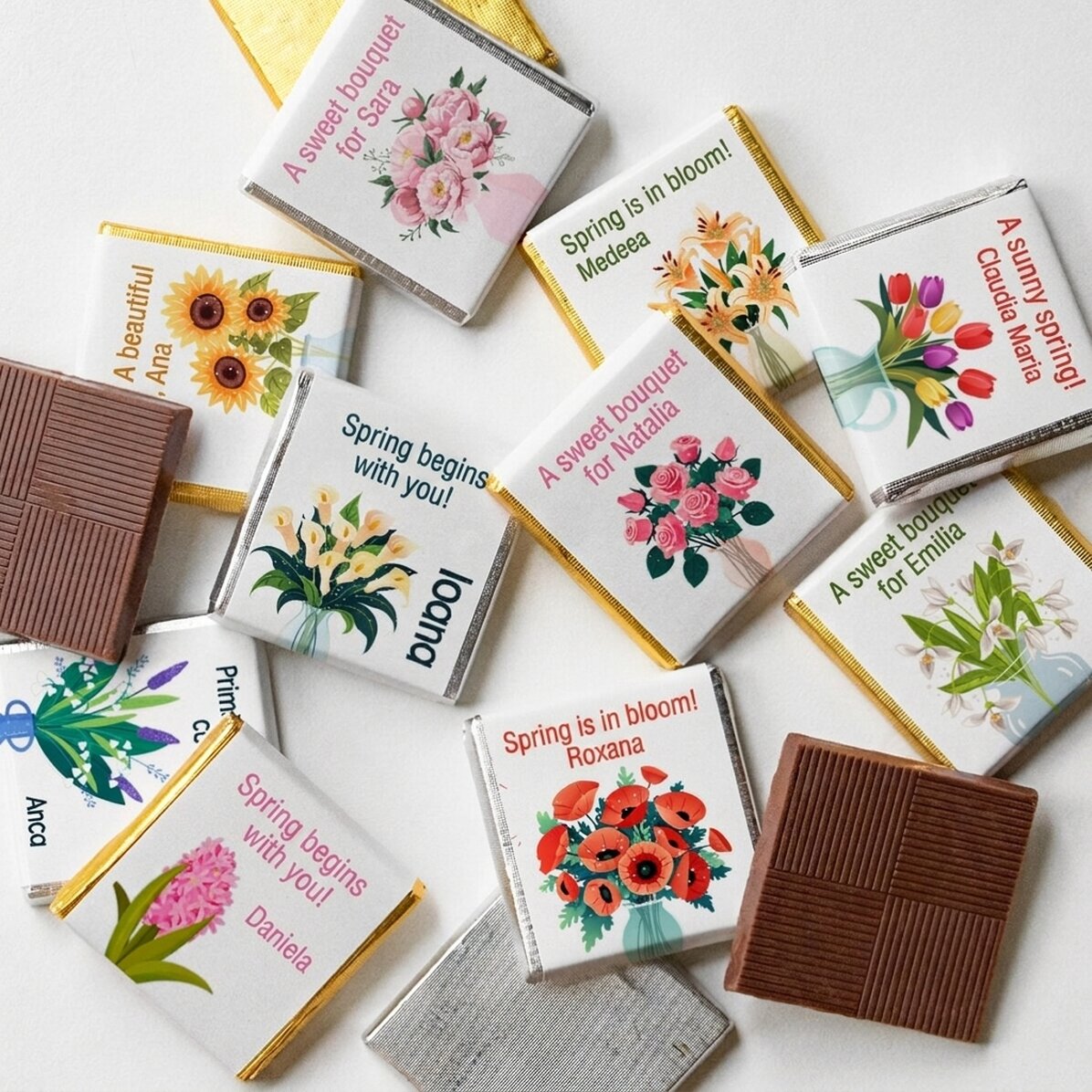 Set van 10 gepersonaliseerde minichocolade met tekst - Flowers