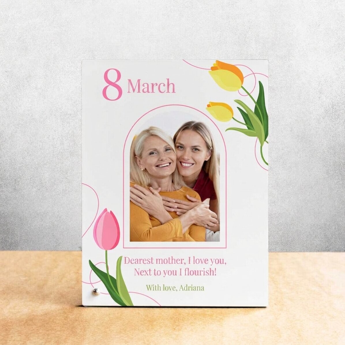 Gepersonaliseerde fotolijst voor op het bureau met foto en tekst - Flowers