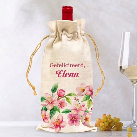Zakje voor een fles wijn, gepersonaliseerd met een boodschap - Bloemen