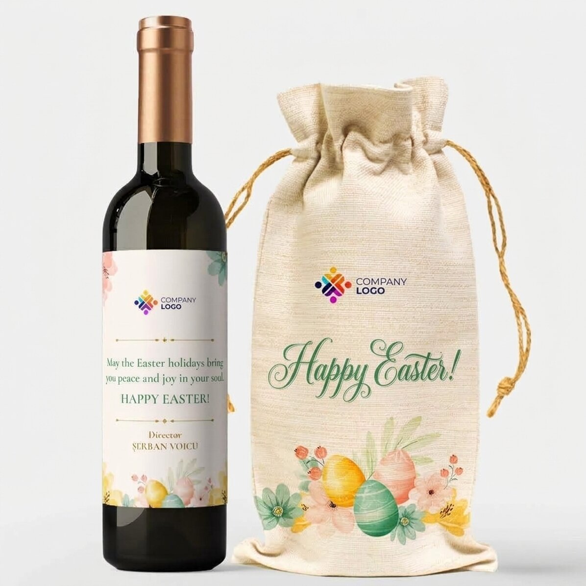 Cadeauset met gepersonaliseerde wijnfles en -zakje met logo - Vrolijk Pasen!