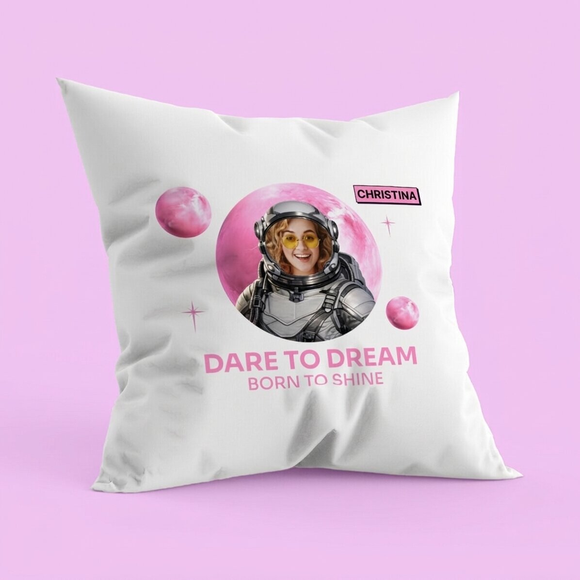 Gepersonaliseerd kussen met foto en tekst - Dare to Dream
