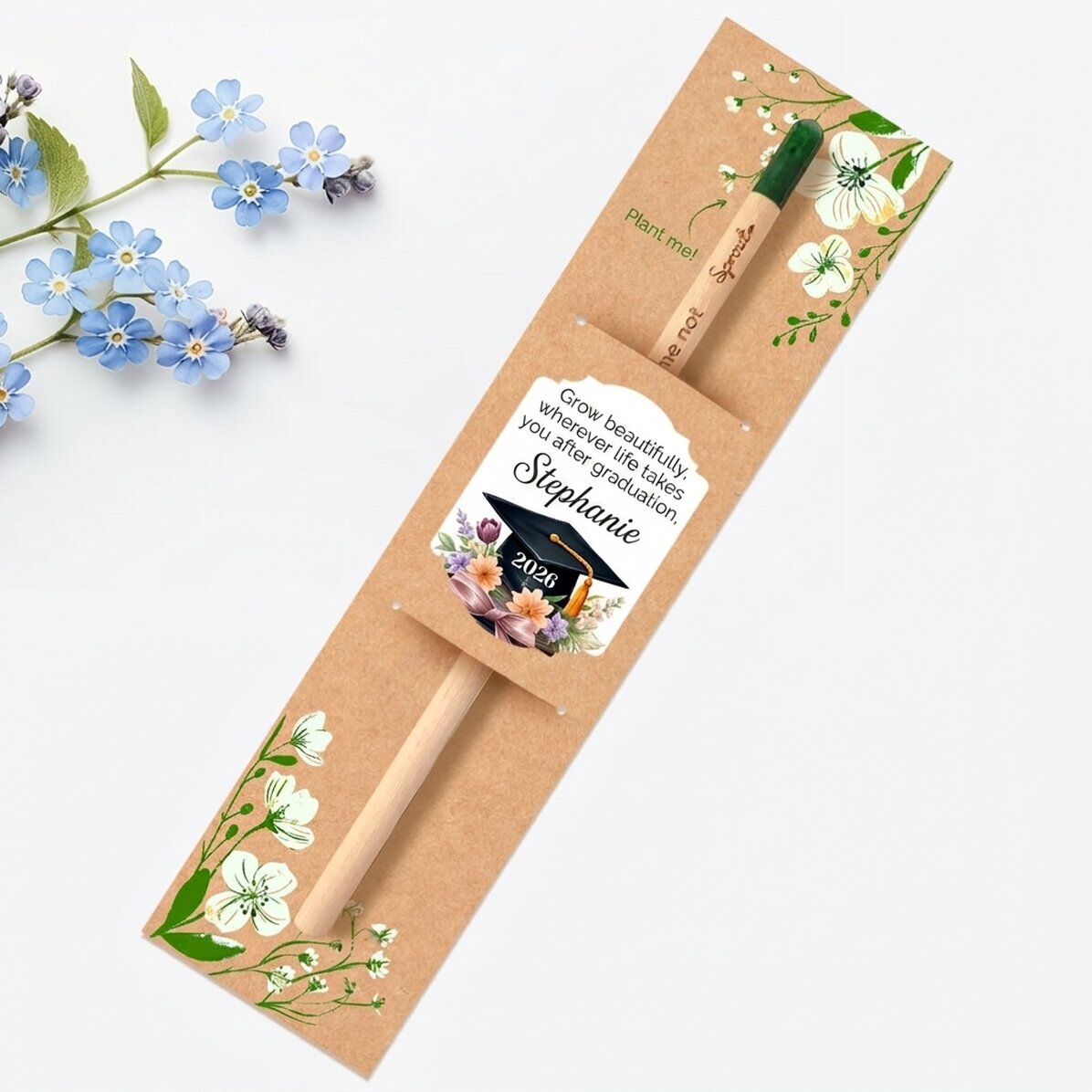 Gepersonaliseerd plantbaar potlood met afstudeerboodschap