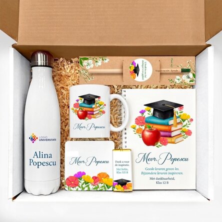 Geschenkset voor leraressen, gepersonaliseerd met een boodschap en logo