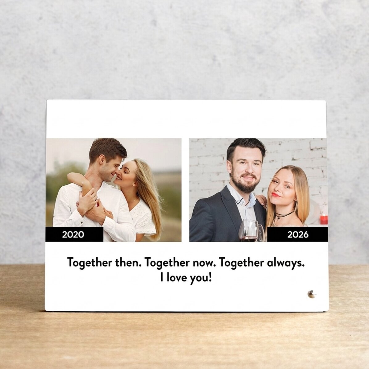 Gepersonaliseerde fotolijst voor op het bureau met tekst en 2 foto’s – Toen en nu