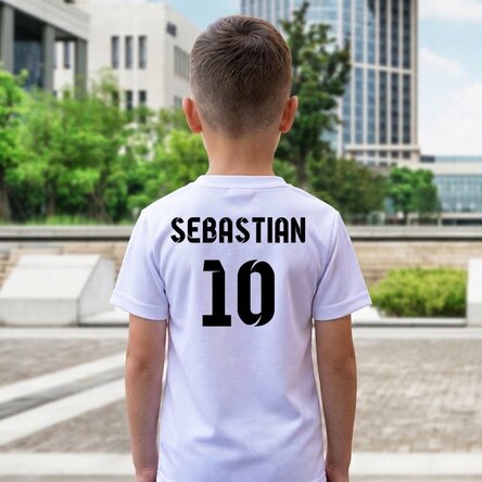 Sportshirt voor kinderen, op de rug gepersonaliseerd met naam en nummer – voetbalmodel