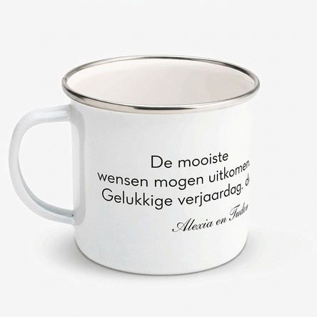 Op maat gemaakte geëmailleerde metalen mok met tekst