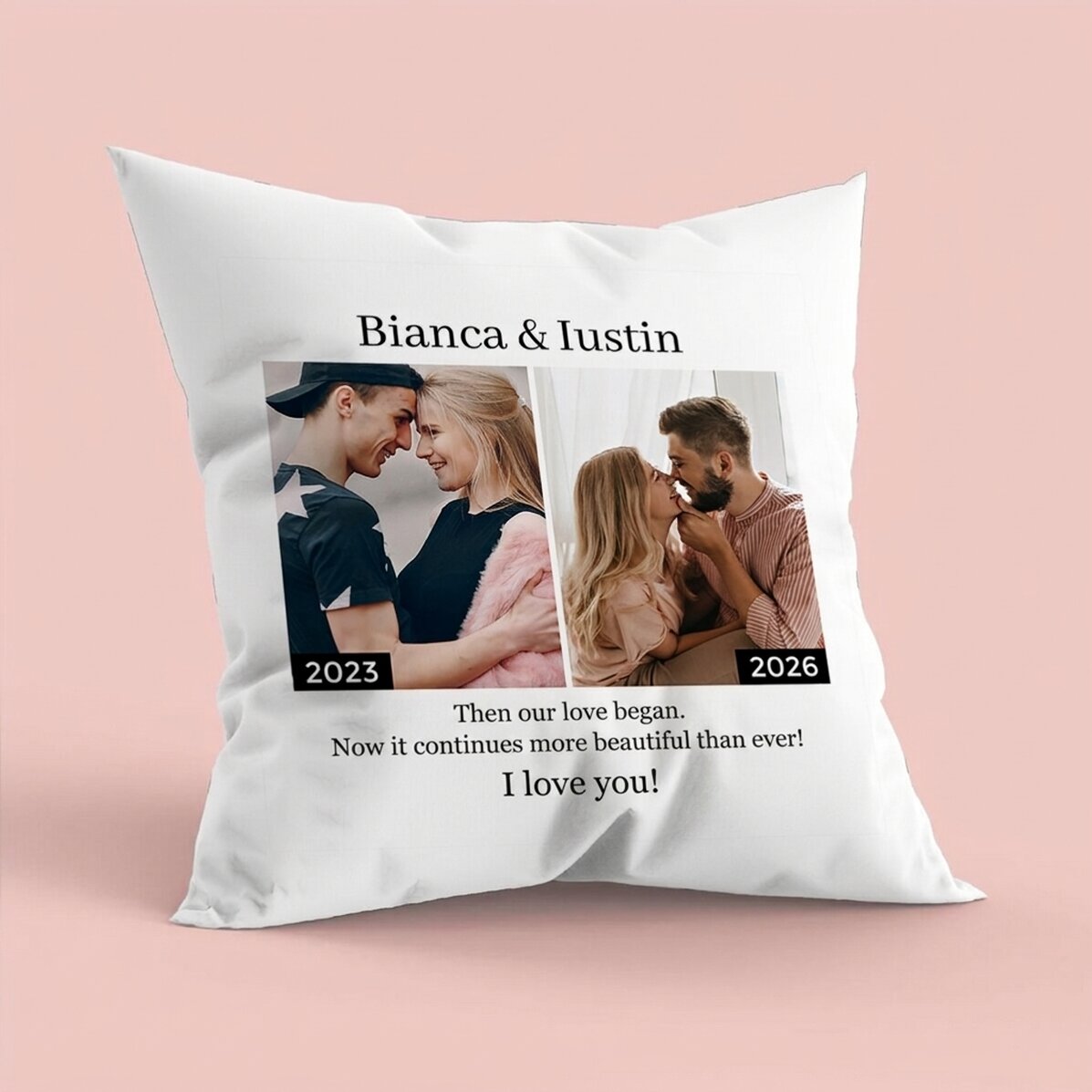 Gepersonaliseerd kussen met 2 foto’s en tekst – Toen en nu
