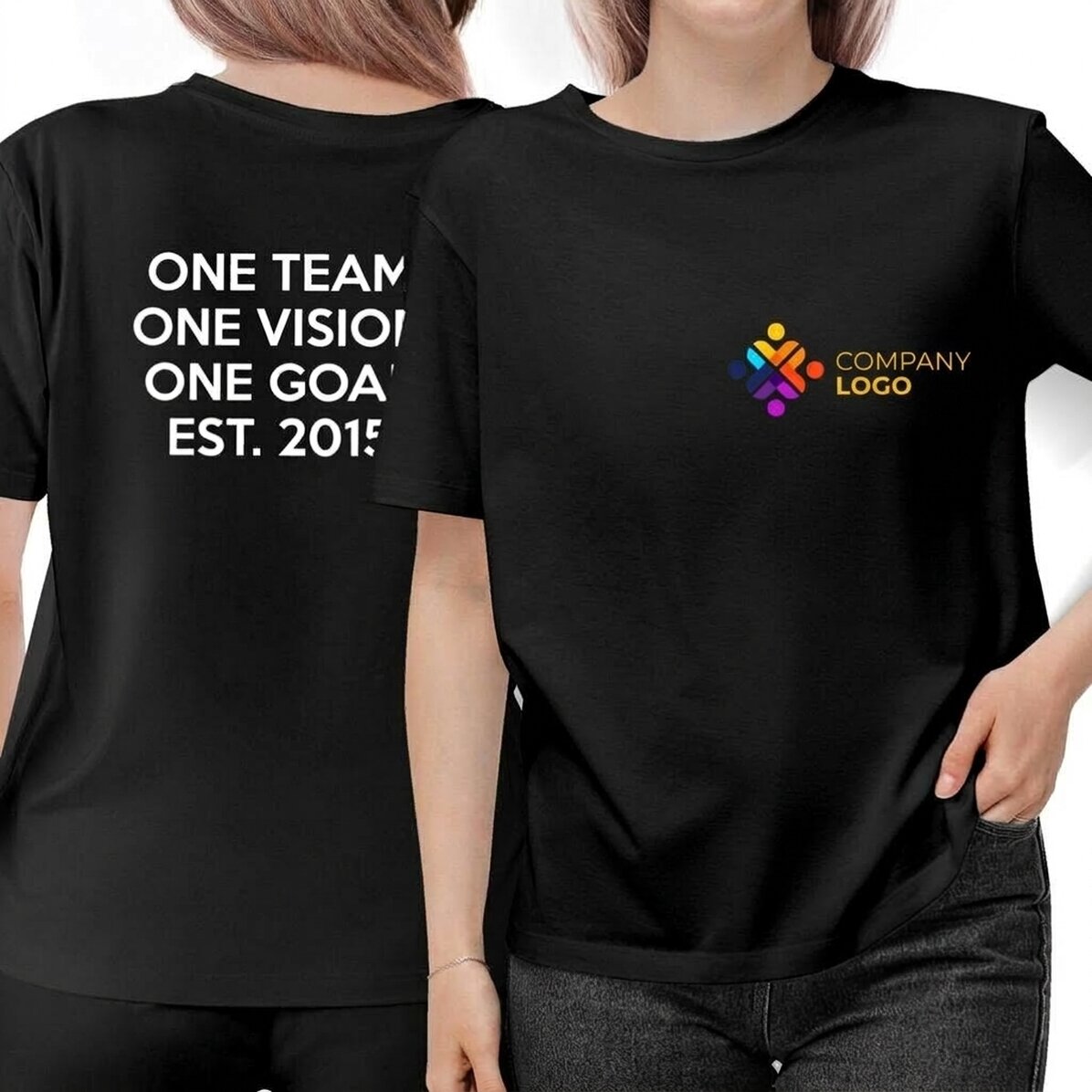 Gepersonaliseerd katoenen T-shirt met logo op de voorkant en tekst op de achterkant