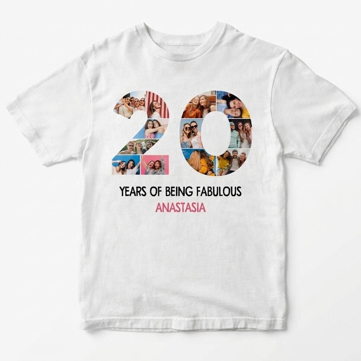 Gepersonaliseerd katoenen T-shirt met 12 foto’s en een tekst – 20 jaar