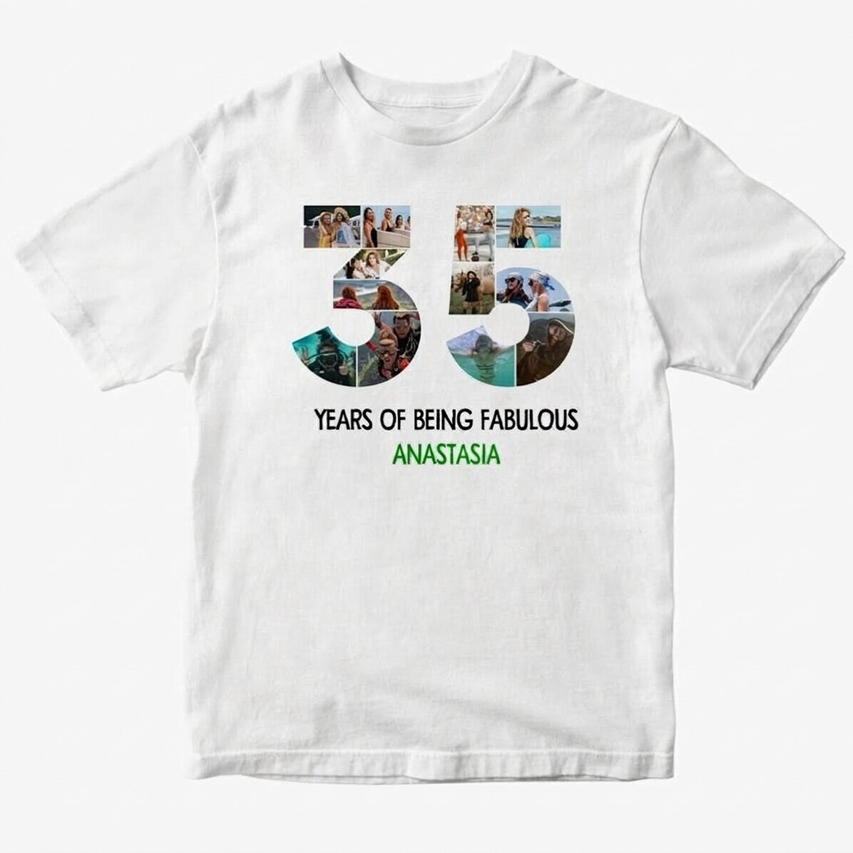 Gepersonaliseerd katoenen T-shirt met 12 foto’s en een tekst – 35 jaar