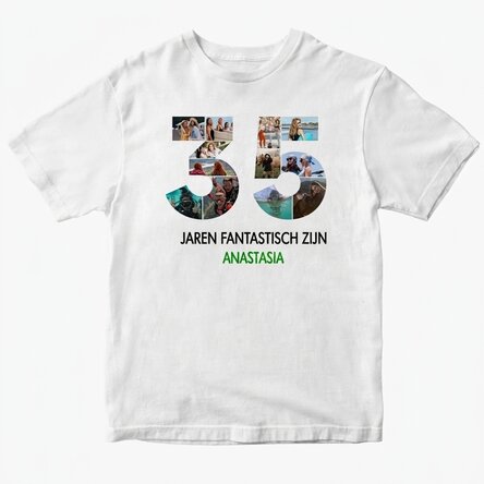 Gepersonaliseerd katoenen T-shirt met 12 foto’s en een tekst – 35 jaar