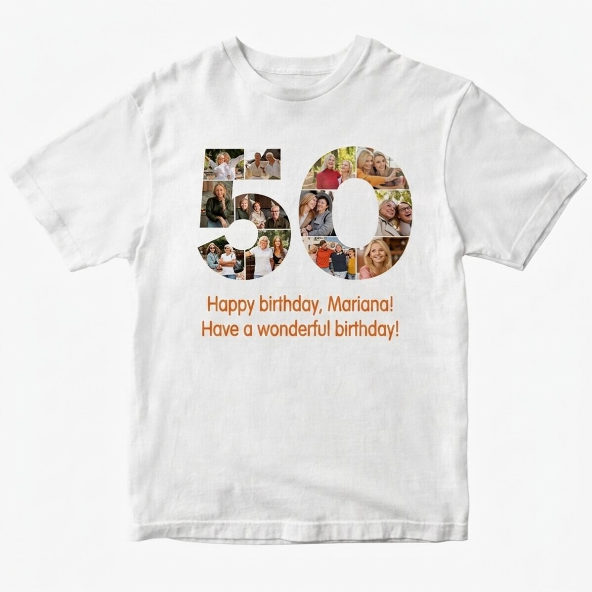 Gepersonaliseerd katoenen T-shirt met 12 foto’s en een tekst – 50 jaar