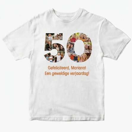Gepersonaliseerd katoenen T-shirt met 12 foto’s en een tekst – 50 jaar