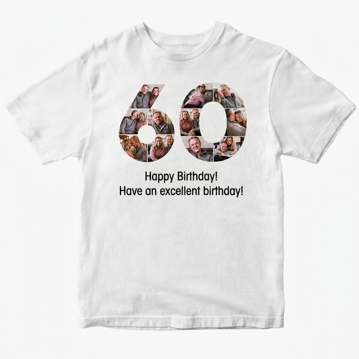Gepersonaliseerd katoenen T-shirt met 11 foto’s en een tekst – 60 jaar