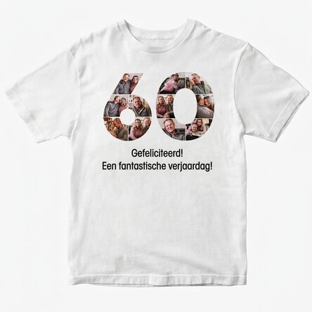 Gepersonaliseerd katoenen T-shirt met 11 foto’s en een tekst – 60 jaar