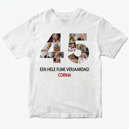Gepersonaliseerd katoenen T-shirt met 12 foto’s en een tekst – 45 jaar