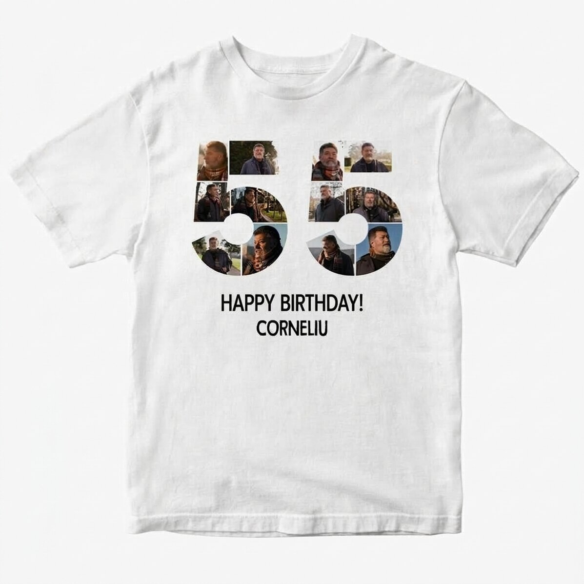 Gepersonaliseerd katoenen T-shirt met 12 foto’s en een tekst – 55 jaar