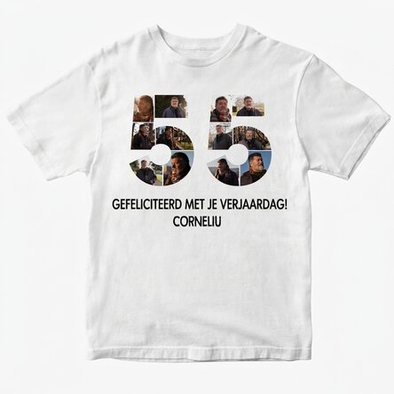 Gepersonaliseerd katoenen T-shirt met 12 foto’s en een tekst – 55 jaar