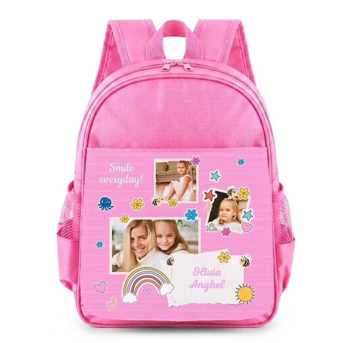 Gepersonaliseerde schooltas met 3 foto’s en een boodschap