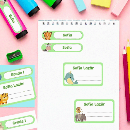 Set van 14 gepersonaliseerde stickers voor school, voor schriften en schoolspullen