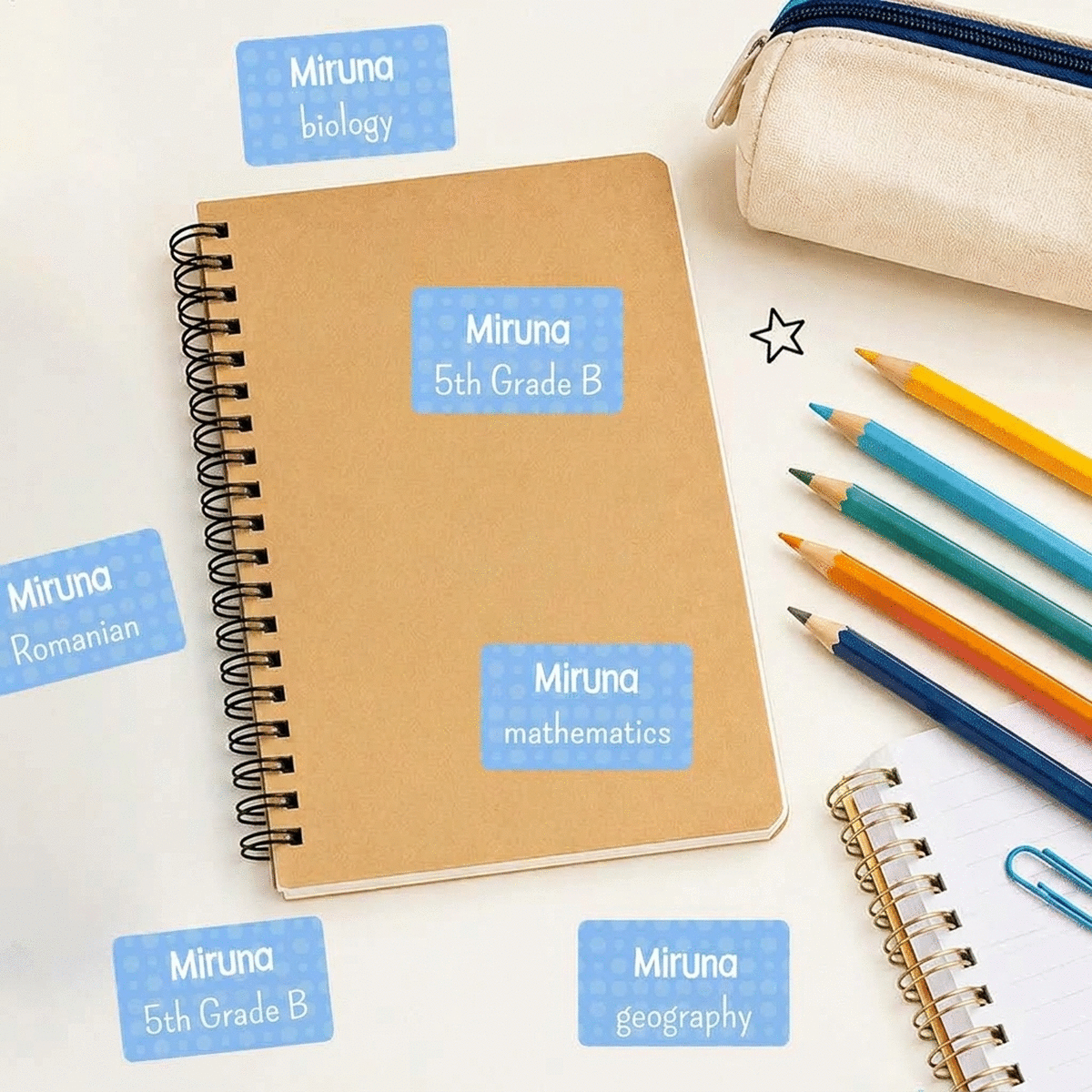 Set van 18 gepersonaliseerde stickers met tekst voor school, voor schriften en schoolspullen