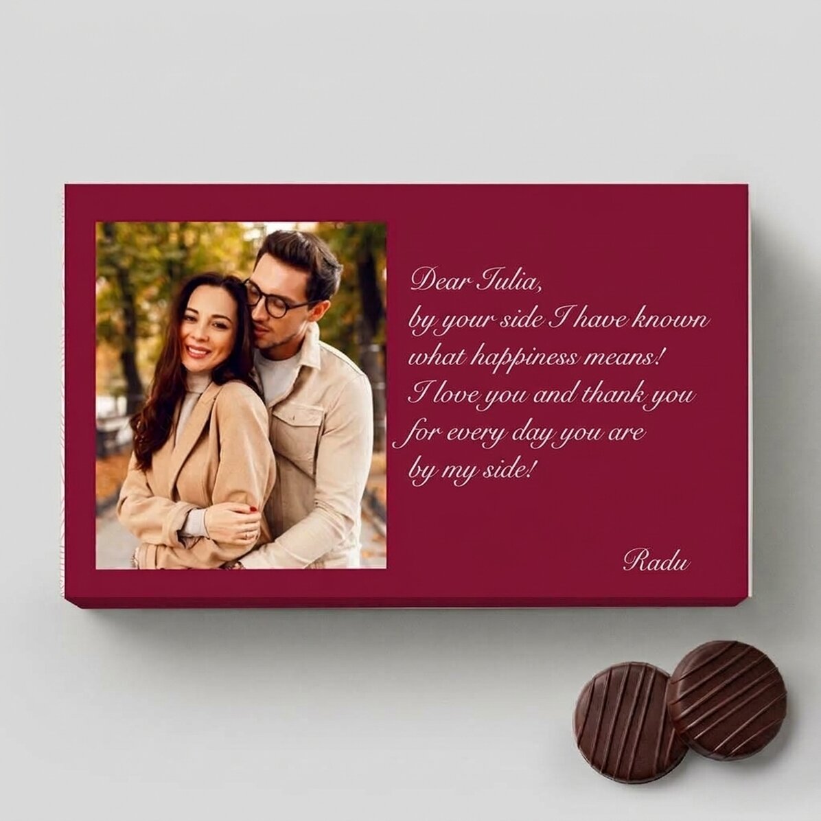 Doosje bonbons met crème, gepersonaliseerd met een foto en een boodschap