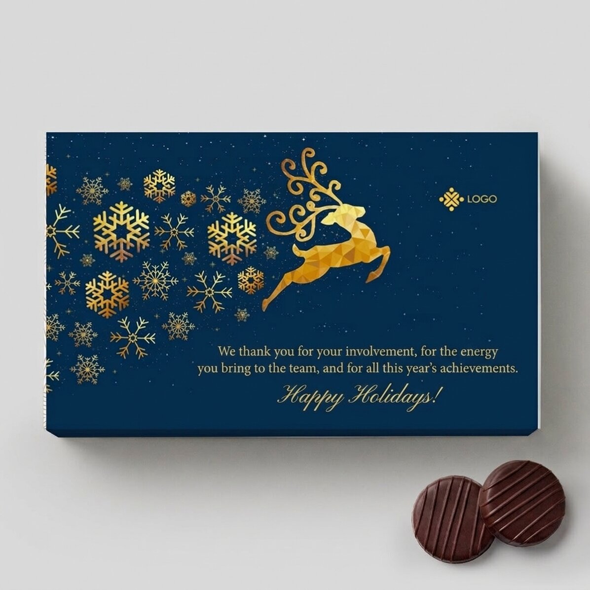 Doosje bonbons met crème, voorzien van een gepersonaliseerd logo en een boodschap - Kerstverhaal