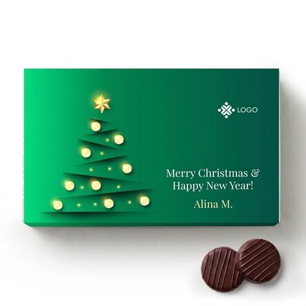 Doosje bonbons met crème, voorzien van een gepersonaliseerd logo en een boodschap - Kerstboom
