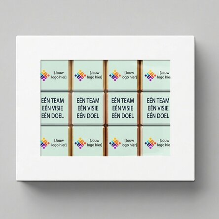 Geschenkdoos met 12 mini-chocoladehapjes, gepersonaliseerd met logo en boodschap
