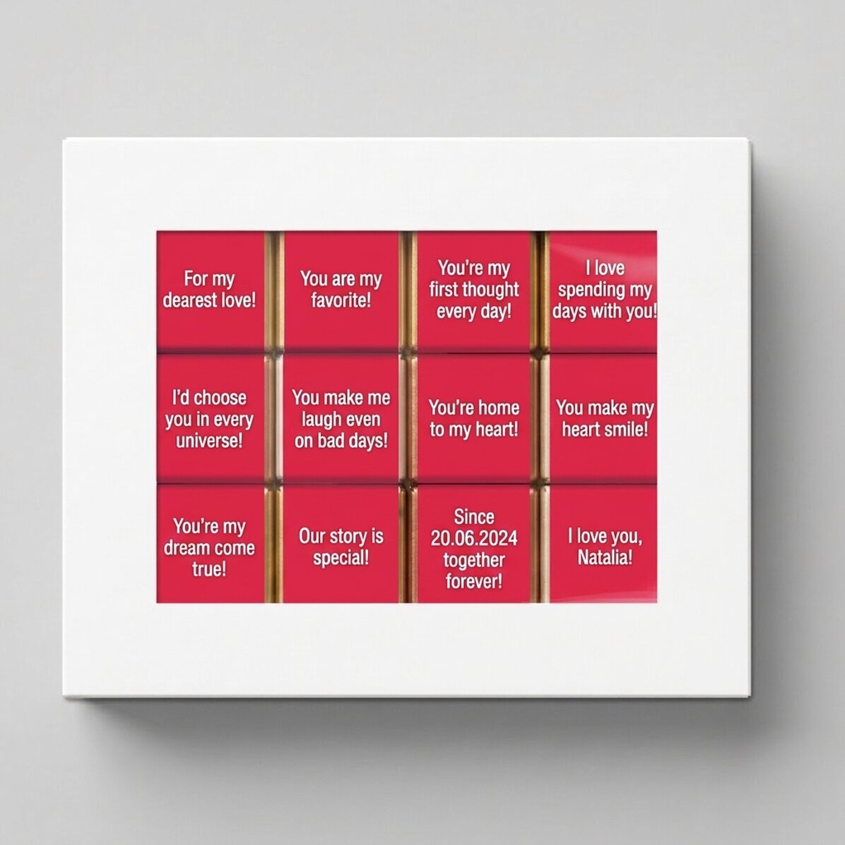 Geschenkdoos met 12 gepersonaliseerde minichocolade met boodschappen