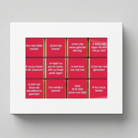 Geschenkdoos met 12 gepersonaliseerde minichocolade met boodschappen