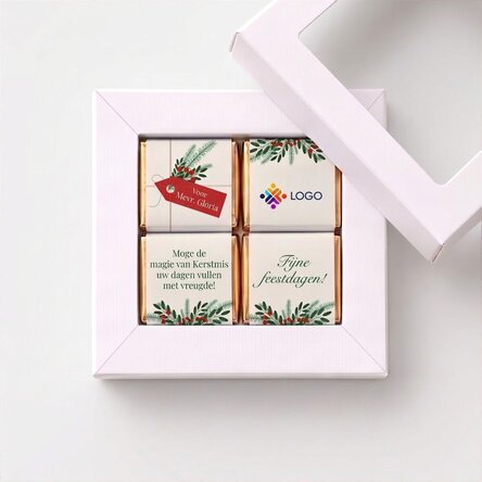 Geschenkdoos met 4 mini-chocoladehapjes, gepersonaliseerd met logo en kerstboodschap