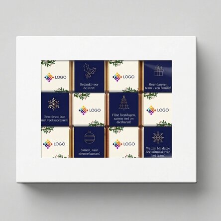 Geschenkdoos met 12 mini-chocoladehapjes, gepersonaliseerd met logo en kerstboodschap