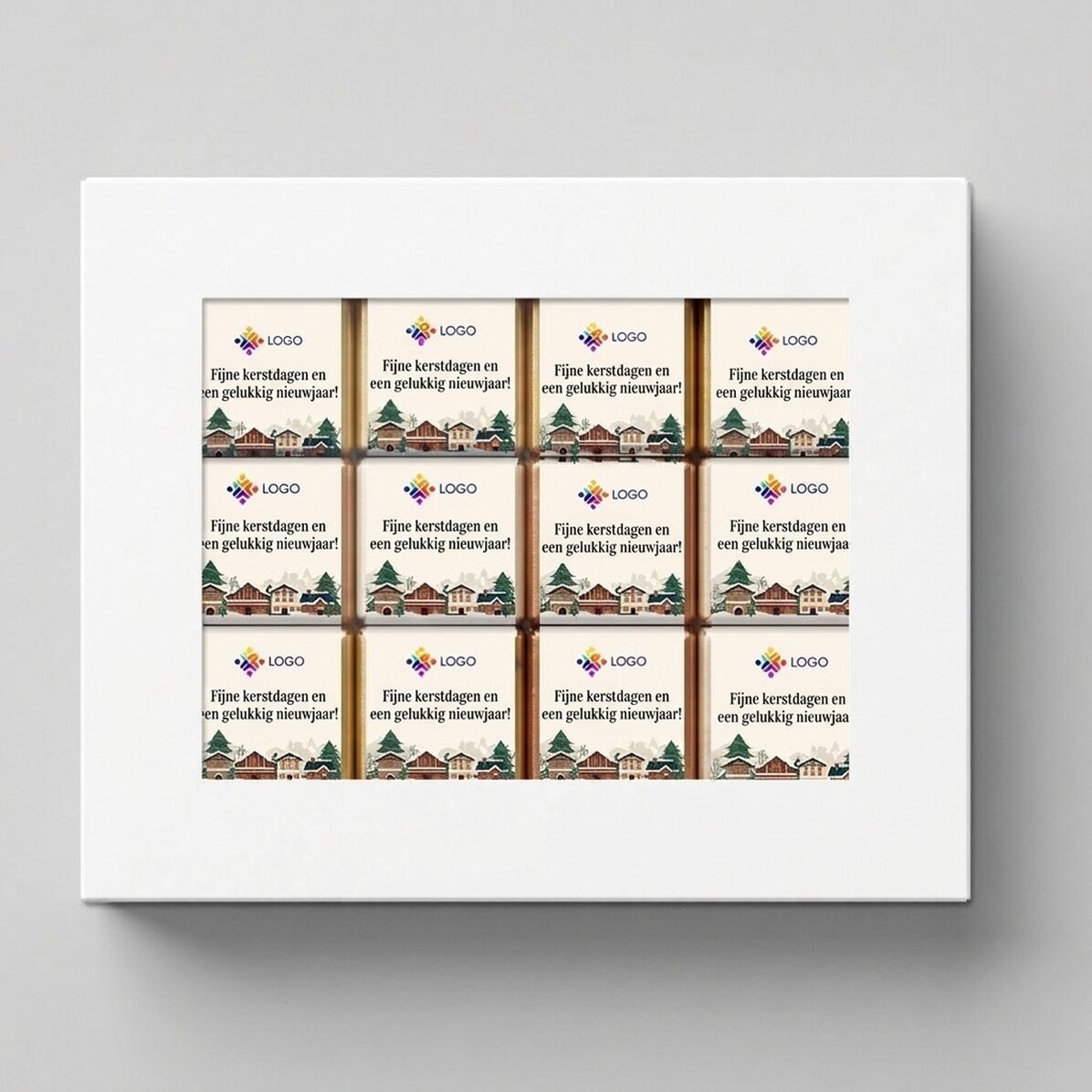 Geschenkdoos met 12 mini-chocoladehapjes, gepersonaliseerd met logo en kerstboodschappen