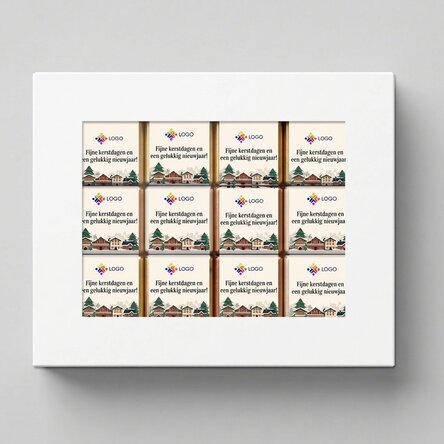 Geschenkdoos met 12 mini-chocoladehapjes, gepersonaliseerd met logo en kerstboodschappen