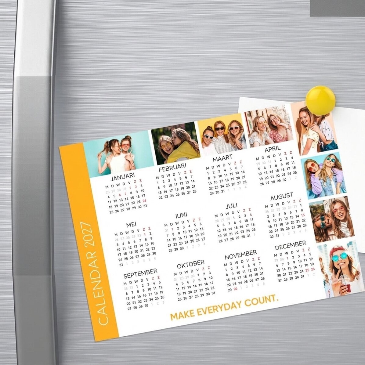 Gepersonaliseerde magnetische kalender met 8 foto’s en een boodschap