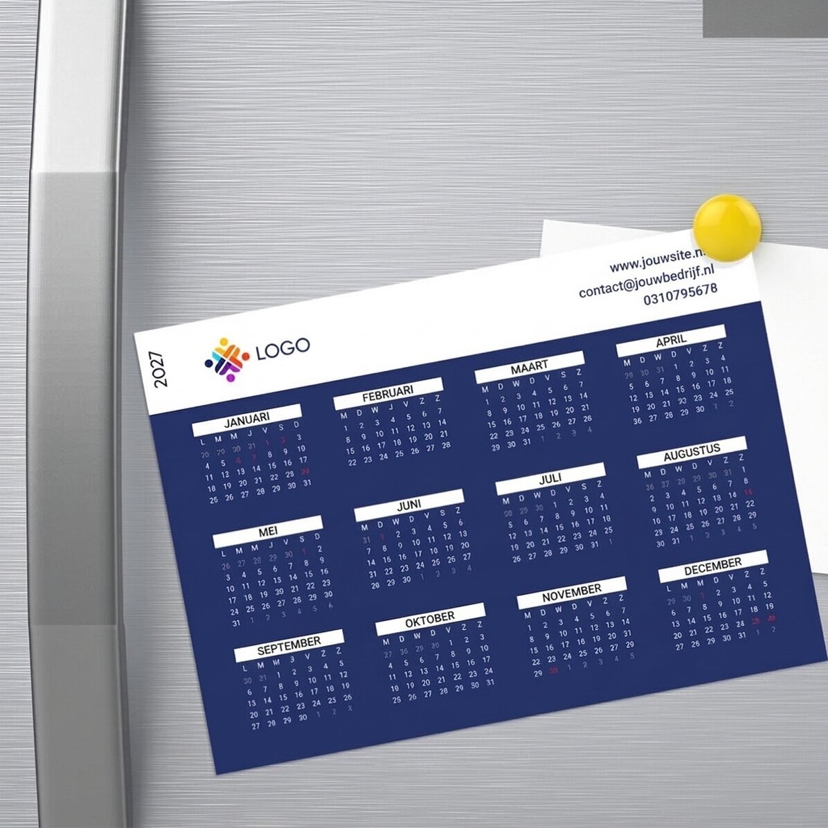 Gepersonaliseerde magnetische kalender met boodschap en logo