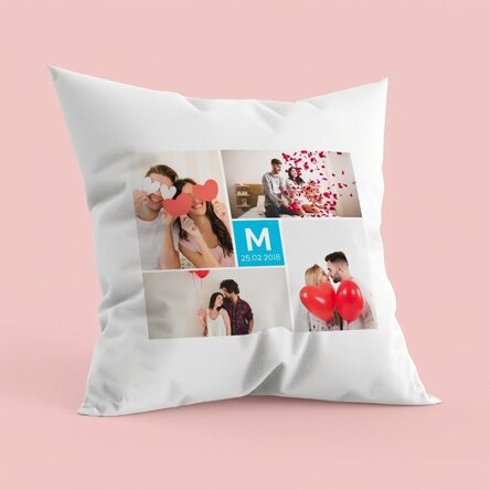Gepersonaliseerd kussen met 4 foto's en een initiaal
