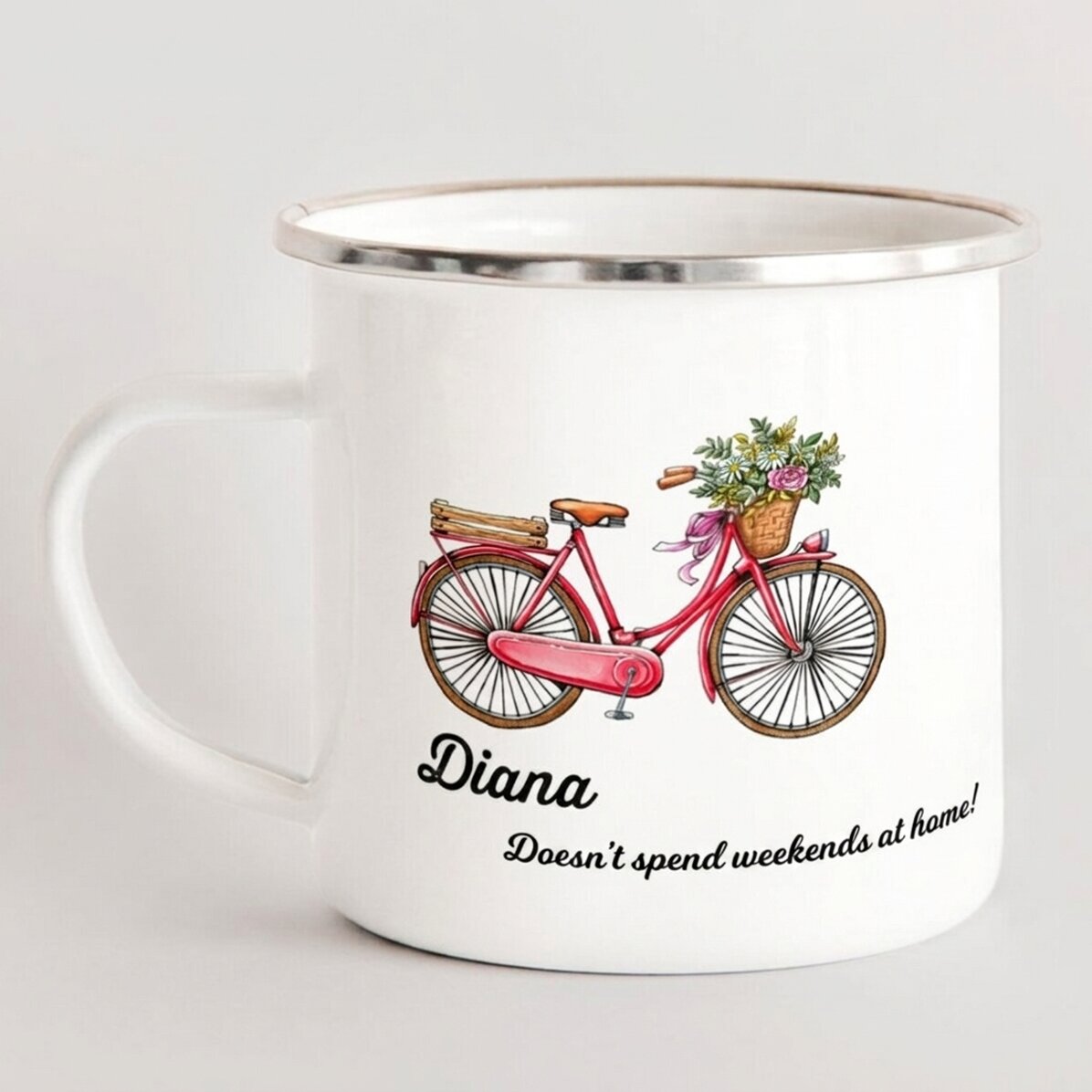 Gepersonaliseerde geëmailleerde metalen mok – retro fietsmodel