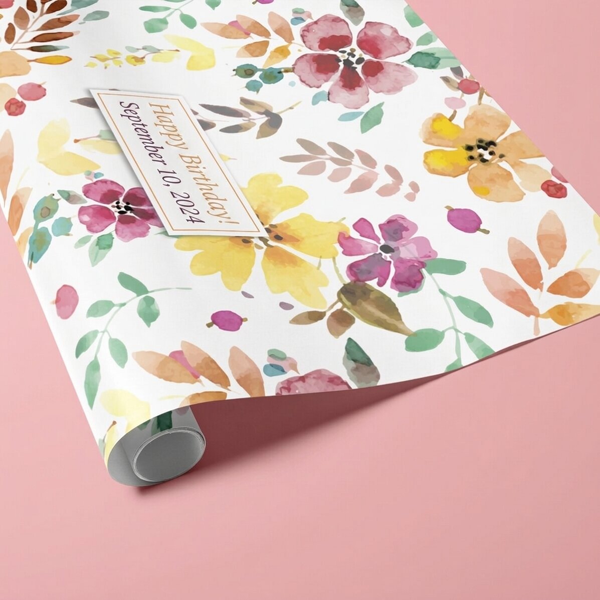 Gepersonaliseerd cadeaupapier – bloemmotief, met tekst in een kader