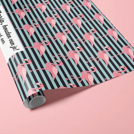 Gepersonaliseerd cadeaupapier – flamingo-motief, met tekst in een kader