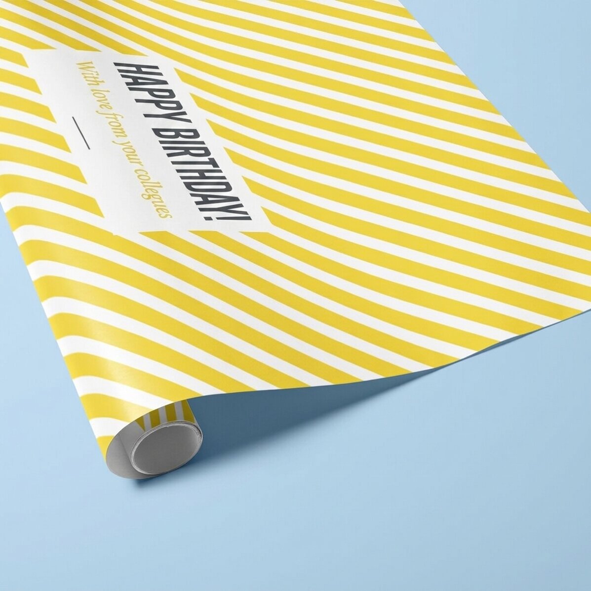 Gepersonaliseerd cadeaupapier – ontwerp ‘yellow stripes’, met tekst in een kader