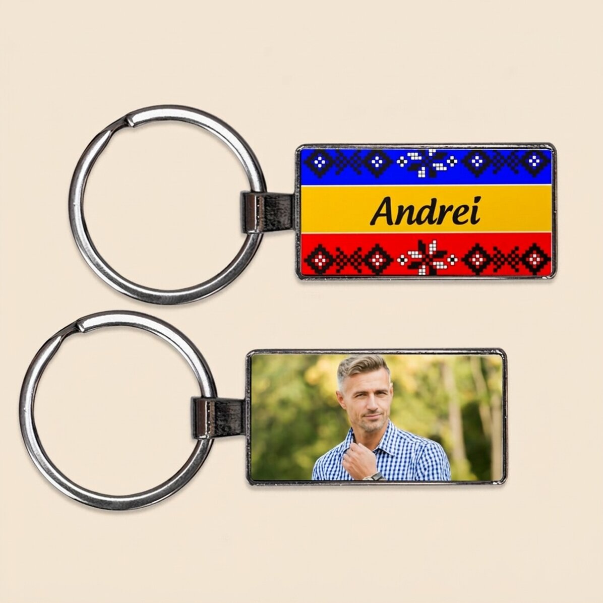 Gepersonaliseerde sleutelhanger met een foto en tekst - De vlag van Roemenië