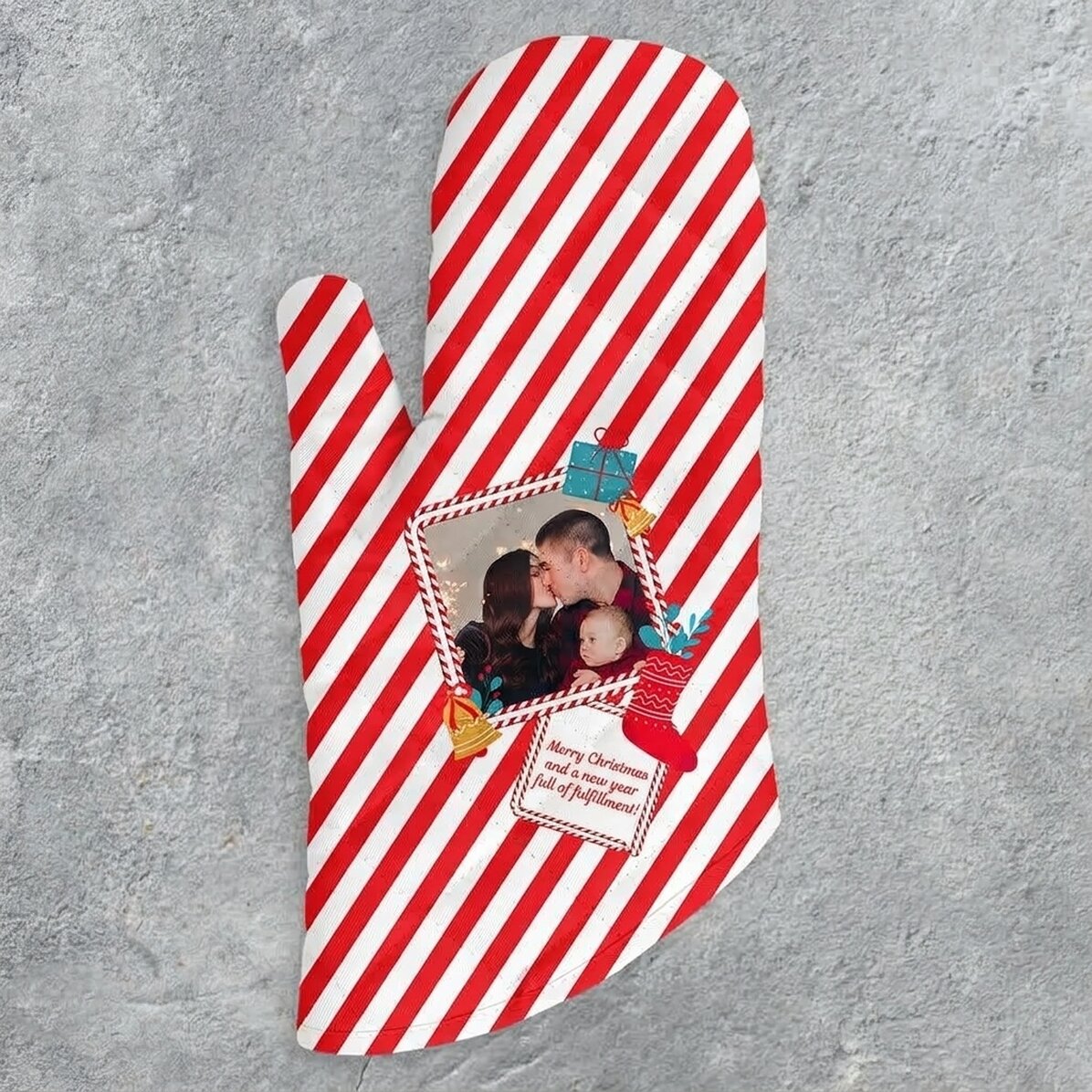 Gepersonaliseerde keukenhandschoen met foto en tekst - Candy Cane