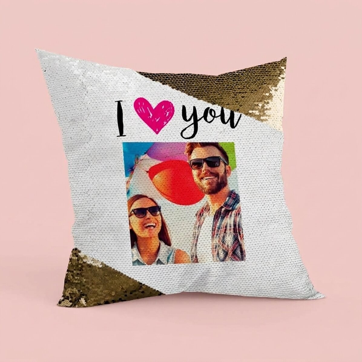 Gepersonaliseerd kussen met pailletten en foto - I love you