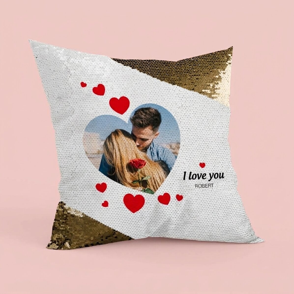 Personalised sequinned cushion with a photo and love message