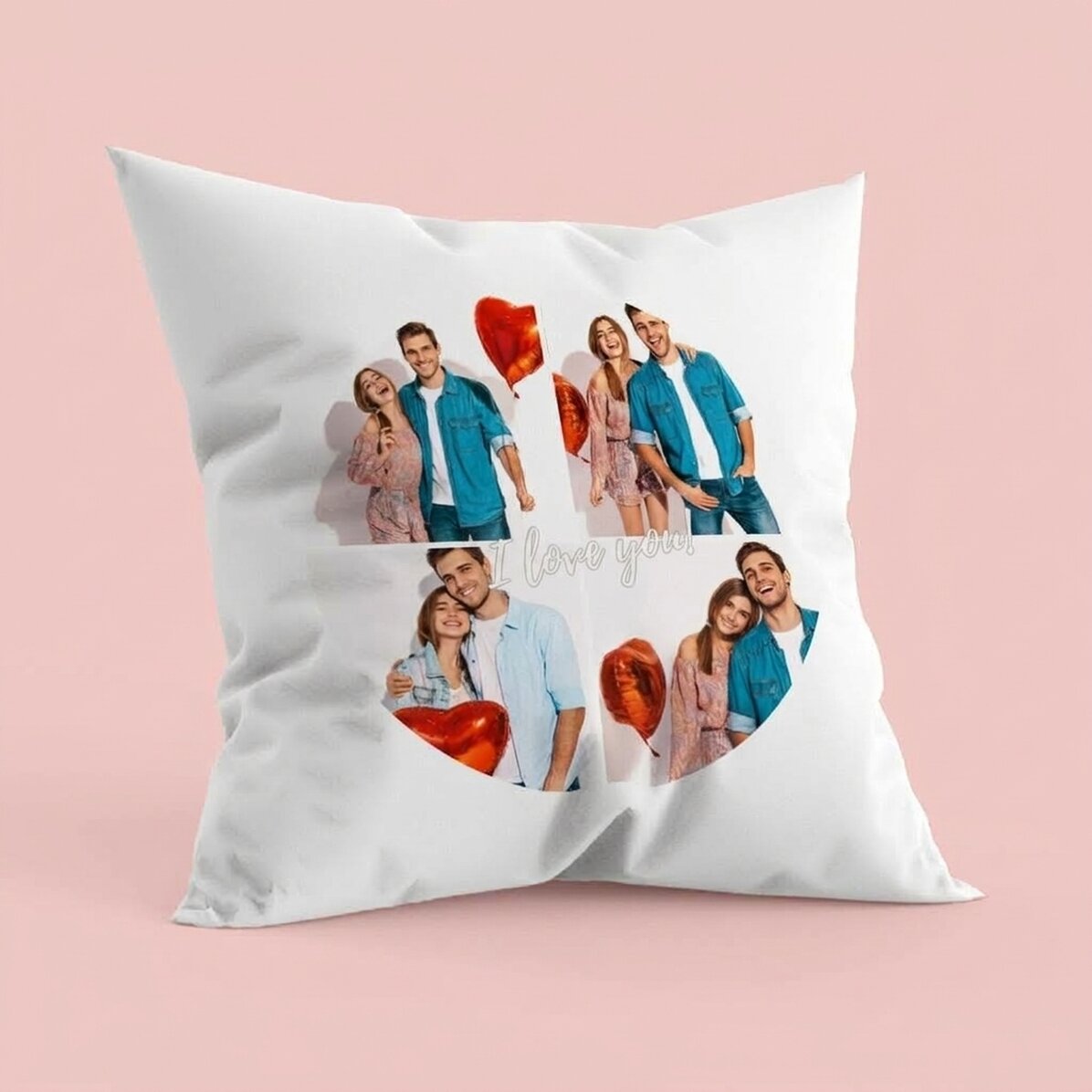 Gepersonaliseerd kussen met 4 foto’s in de vorm van een cirkel