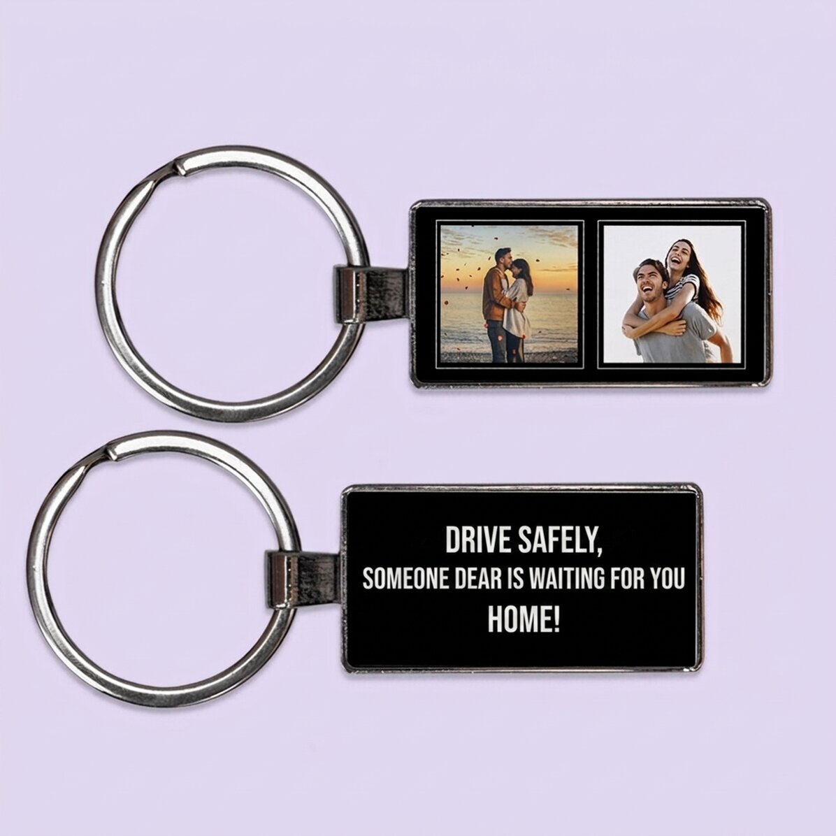 Gepersonaliseerde sleutelhanger met twee vierkante foto’s en tekst