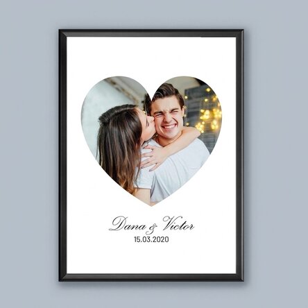 Gepersonaliseerd schilderij met een foto in de vorm van een hart en de tekst: 'Ik hou van je!'