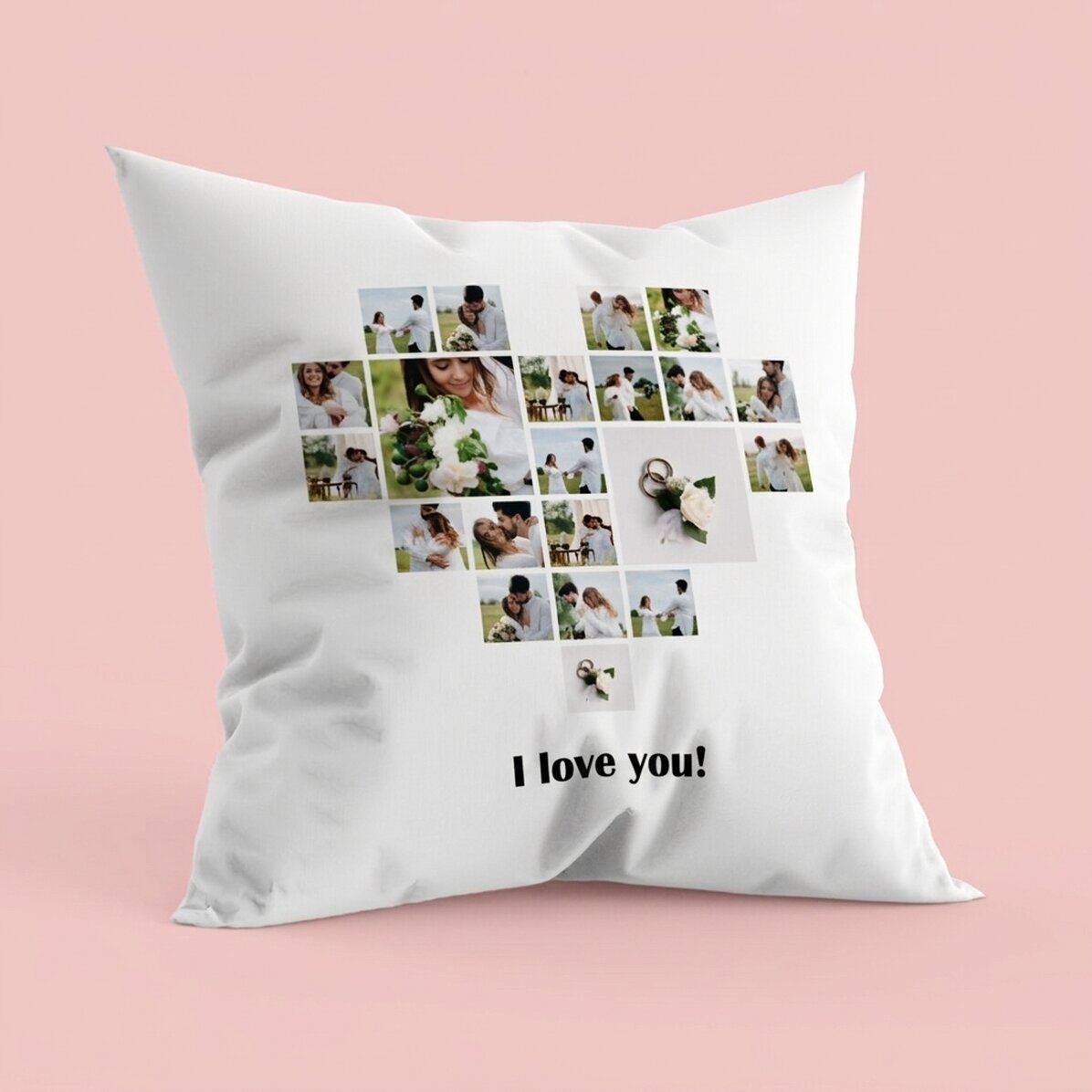 Gepersonaliseerd kussen met 21 foto’s in de vorm van een hart en tekst